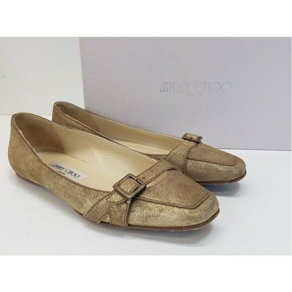 JIMMY CHOO 6.5 Metallic Gold Coarse Suede Loafers Shoes - Picture 1 of 8